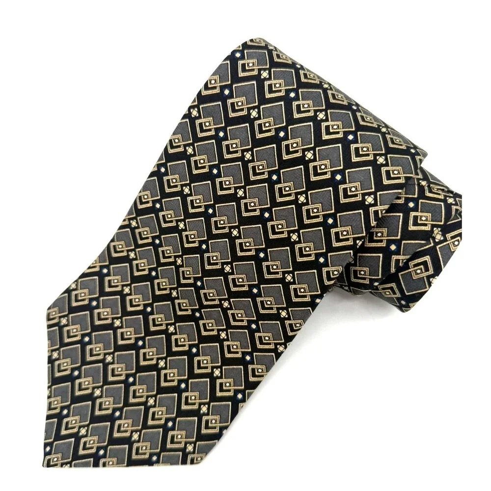 Geoffrey Beene Men's 100% Silk Tie Made in USA Black Grey Gold Geometric